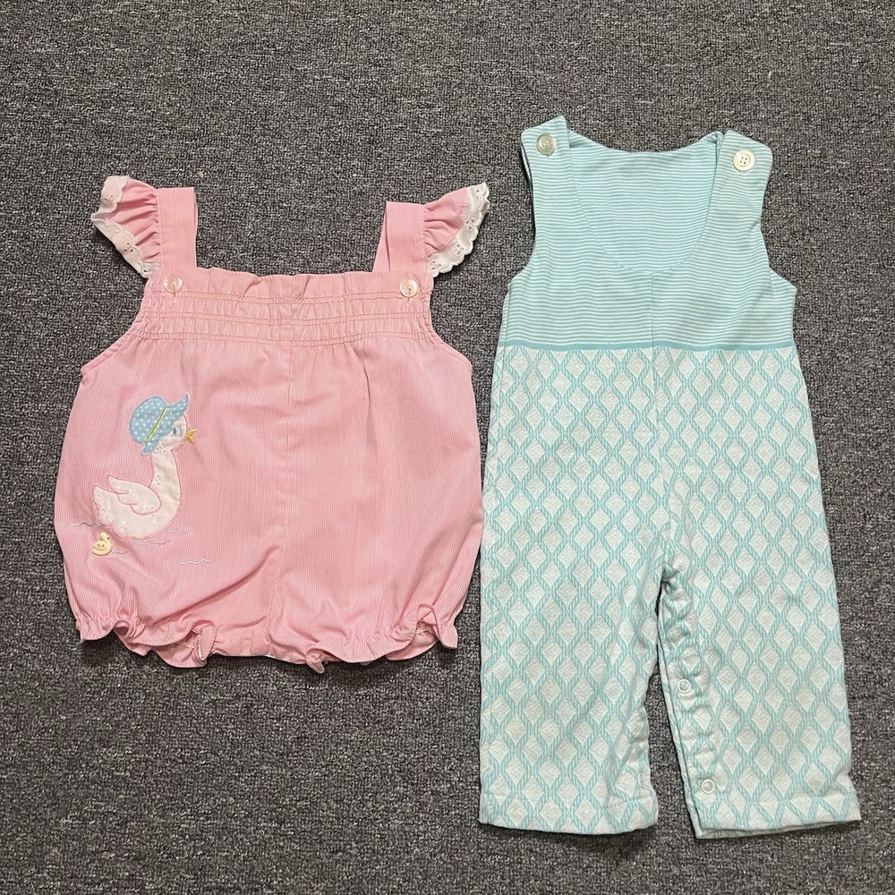 Vintage Health-Tex & Tiny Tots Baby Romper Lot Pink Goose & Aqua Diamond 12–18M‎